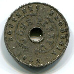 1942 Southern Rhodesia Holed One Penny Coin (b559)
